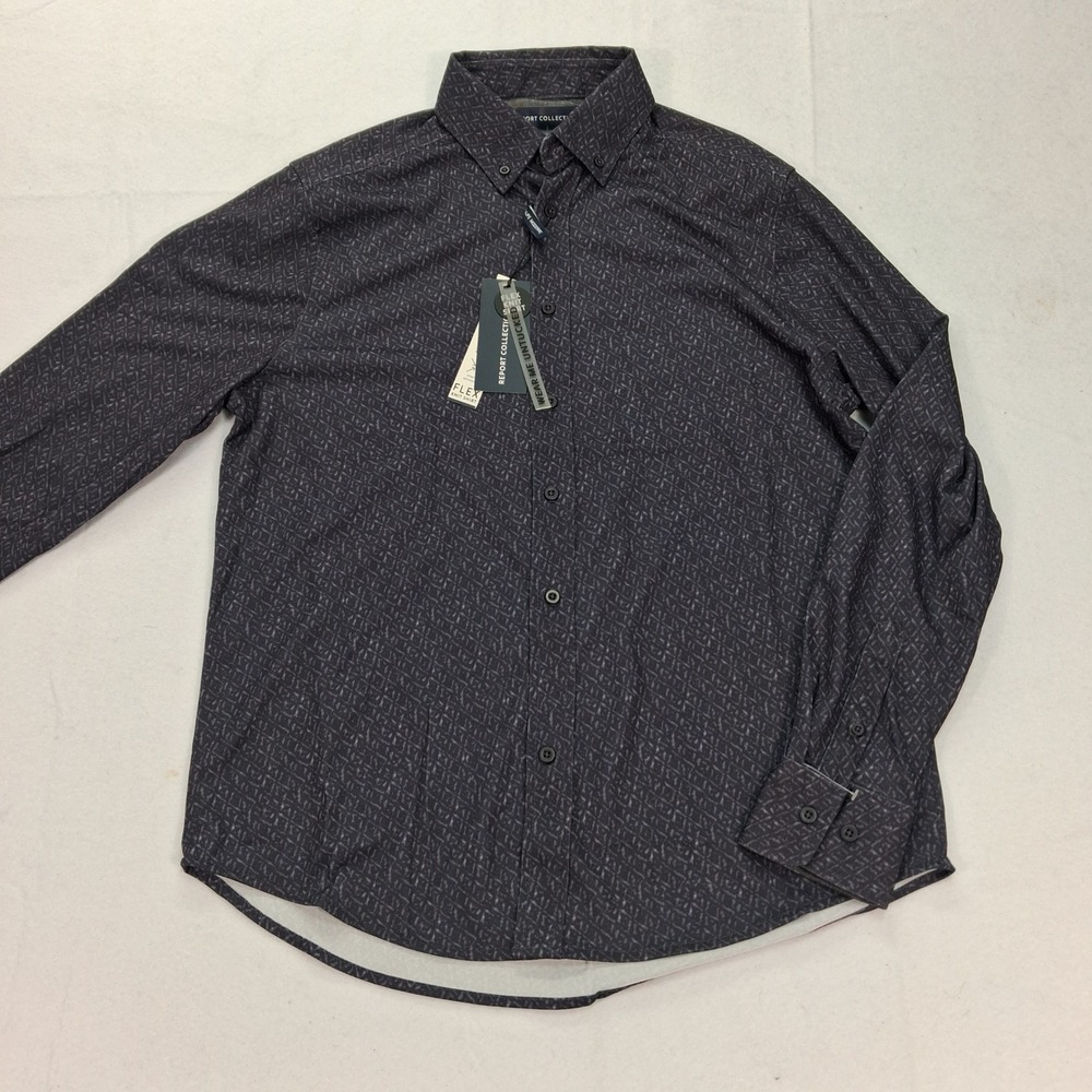 Report Collection Shirt Mens Medium Flex Knit Coupe Moderne Gray Stretch NEW